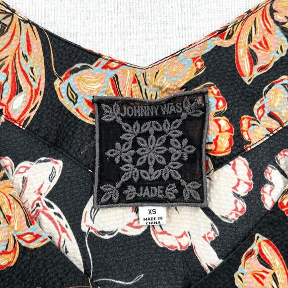 JOHNNY WAS Silk Akil Butterfly Print Top Womens XS Black V Neck 3/4 Puff Sleeve - Picture 10 of 13